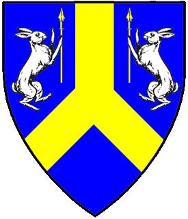 Azure, a pall inverted Or between two hares combattant argent each maintaining a spear Or.