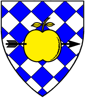 Lozengy argent and azure, an apple slipped and leaved Or transfixed by an arrow fesswise sable.