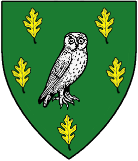 Vert, an owl contourny argent between five oak leaves palewise in annulo Or.