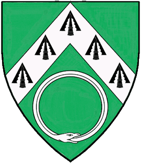Vert, on a chevron throughout argent five pheons inverted sable, in base a serpent contourny in annulo vorant of its own tail, head to base, argent.
