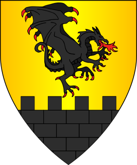 Or, a dragon salient contourny sable breathing flames gules, issuant from base a wall sable.