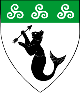 Argent, a domestic sea-cat maintaining an arrow bendwise sinister inverted sable, on a chief vert three triskelions of spirals argent.