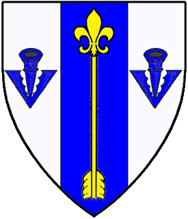 Argent, on a pale between two pheons azure an arrow inverted headed of a fleur-de-lis Or.