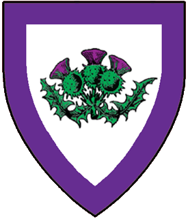 Argent, a three headed thistle proper and a bordure purpure.