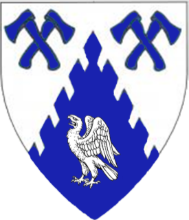 Per chevron raguly argent and azure, two pairs of axes in saltire and an eagle rising counterchanged