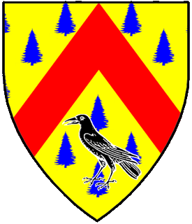 Or, seme of spruce trees azure, a chevron throughout gules and in base a raven sable.