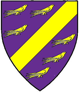 Purpure, a bend sinister between six martlets contourney Or.