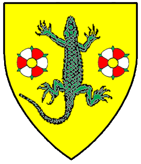 Or, a lizard tergiant displayed vert between in fess two Kendal flowers proper.