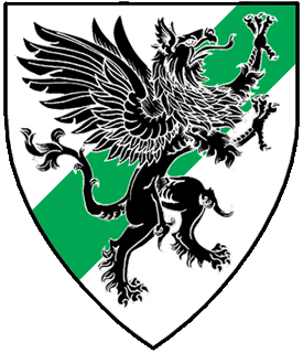 Argent, a bend sinister vert, overall a griffin contourny sable.
