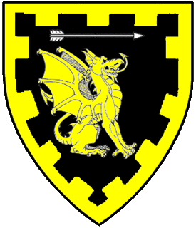 Sable, a dragon sejant contourny Or in chief an arrow fesswise argent a bordure embattled Or.