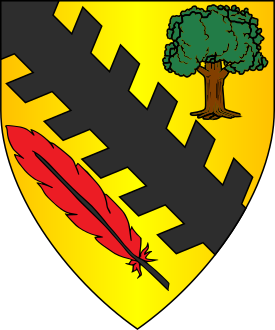 Or, a bend raguly sable between an oak tree proper and a feather bendwise gules.