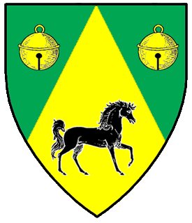 Per chevron throughout vert and Or, two hawks bells Or and a horse passant contourny sable.