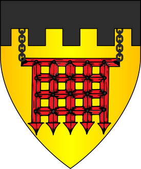 Or, a portcullis gules with chains conjoined to a chief embattled sable.