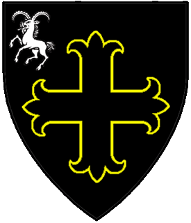 Sable, a cross flory voided Or and in dexter chief a yale rampant argent.
