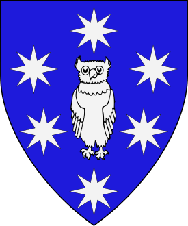 Azure, an owl affronty between six mullets of eight points in annulo argent.