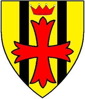 Or, two pallets sable surmounted by a cross patonce gules, in chief between the pallets a coronet gules pearled argent.