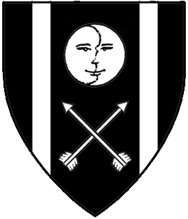Sable, two pallets in pale, a moon in her plentitude and two arrows inverted in saltire argent.