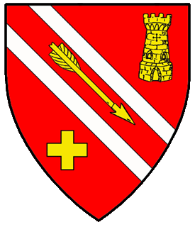 Gules, an arrow bendwise Or between two bendlets argent, between in chief a tower and in base a cross couped Or.