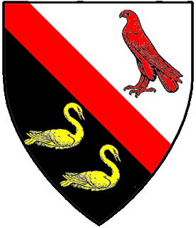 Per bend argent and sable, a bend between a falcon statant close gules and two swans naiant to sinister Or.