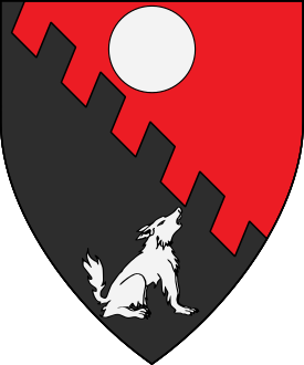 Per bend raguly gules and sable, in pale a roundel and a wolf sejant to sinister ululant argent.