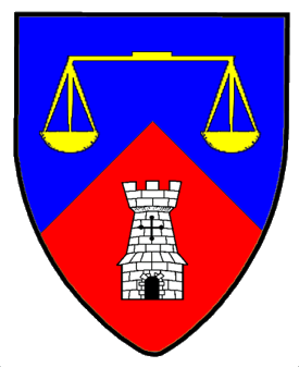 Per chevron azure and gules, a hand balance Or and a tower argent.