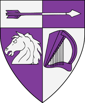 Per pale purpure and argent, a horse's head couped and a harp reversed and on a chief an arrow all counterchanged.
