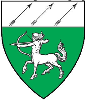 Vert, a sagittary passant and on a chief argent three arrows inverted bendwise sinister sable.