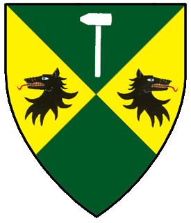 Per saltire vert and Or, in chief a hammer palewise argent and in fess two wolf's heads erased addorsed sable.