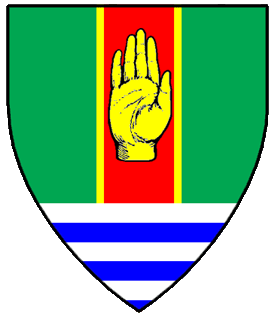 Vert, on a pale gules fimbriated a hand Or, a base barry argent and azure.