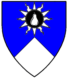 Per chevron abased azure and argent, in chief on a sun argent, eclipsed sable, a pear argent.