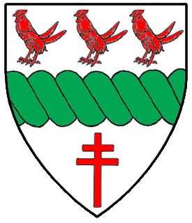 Argent, a fess wreathed vert between three moorcocks in fess and a patriarchal cross gules.
