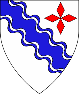 Argent, a bend wavy cotised azure, in sinister chief four lozenges in cross gules.