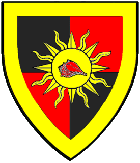 Quarterly sable and gules, on a sun Or a whelk shell gules within a bordure Or.