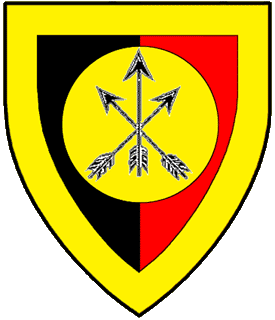 Per pale sable and gules, on a bezant a sheaf of arrows inverted sable all within a bordure Or.