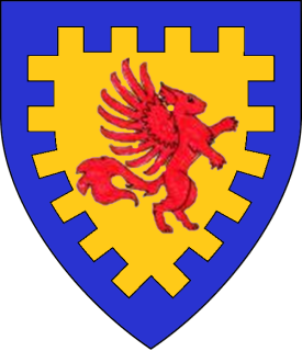 Or, a winged squirrel segreant to sinister gules within a bordure embattled azure.