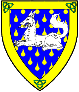 Azure goutty d'Or, a wolf couchant argent, on a bordure Or three triquetras bases to center vert.
