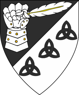 Per bend sinister sable and argent, a clenched gauntlet maintaining a feather and three triquetras counterchanged.