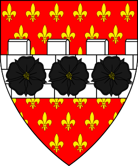 Gules semy-de-lys Or, on a wall argent three roses sable.