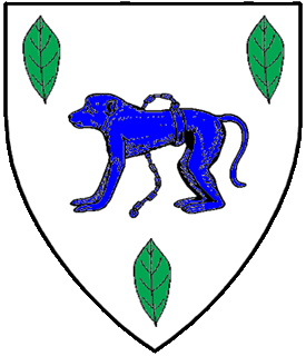 Argent, a monkey statant collared and chained azure between three leaves vert.