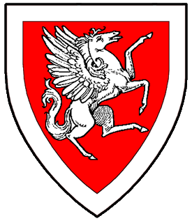 Gules, a pegasus rampant to sinister within a bordure argent.