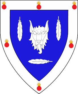 Azure, a wolf's head cabossed between two feathers inverted and a feather fesswise reversed and on a bordure argent six grenades gules enflamed Or.