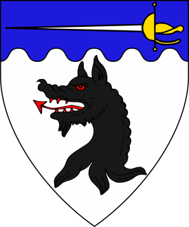 Argent, a dragonâ€™s head erased sable and on a chief wavy azure a cup-hilted rapier proper.