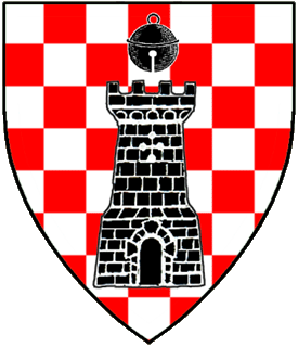 Checky argent and gules, a tower and in chief a hawk's bell sable.
