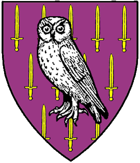 Purpure, semy of swords Or, a snowy owl argent.