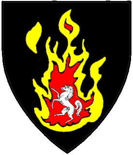 Sable, on a flame gules fimbriated Or a rough-legged draught horse forcene argent.