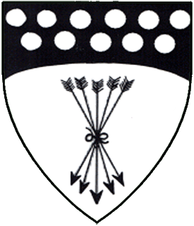 Argent, a sheaf of five arrows sable and a chief enarched sable platy.