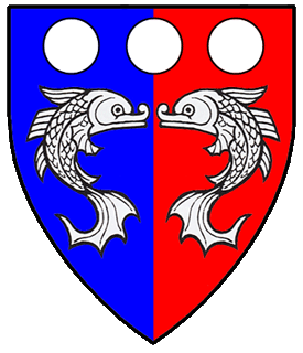 Per pale azure and gules, two dolphins haurient respectant, in chief three roundels argent.