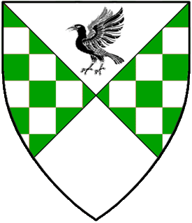 Per saltire argent and checky vert and argent, in chief a raven rising wings addorsed sable.