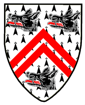Ermine, two chevronels gules between three boar's heads couped sable, langued gules.