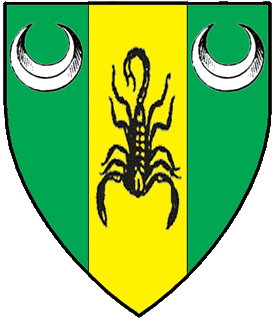 Vert, on a pale Or between in chief two crescents argent a scorpion inverted sable.